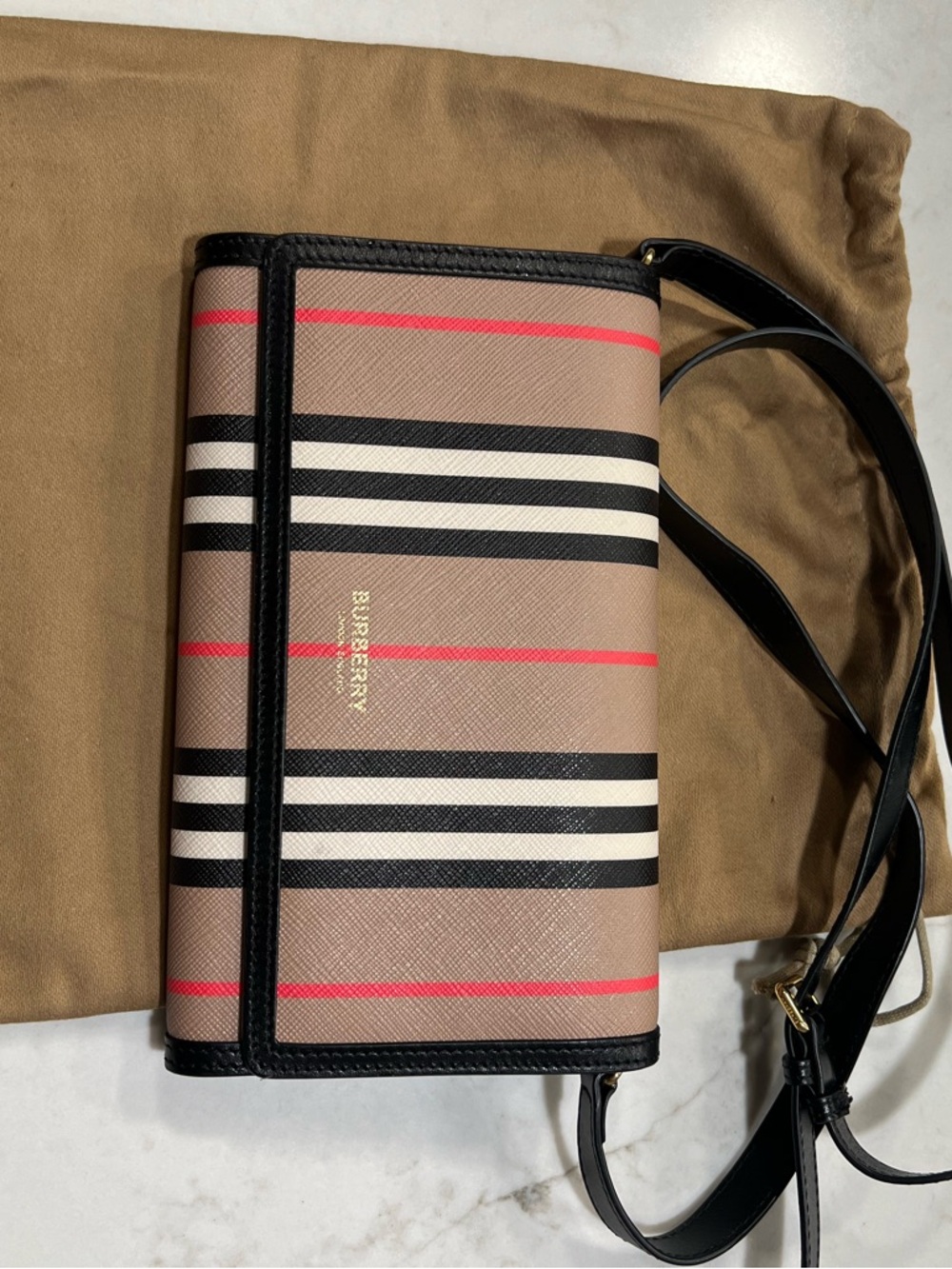 Burberry Hannah Wallet Beige Striped Crossbody Bag with Black Trim & Red Accents - Picture 9 of 11